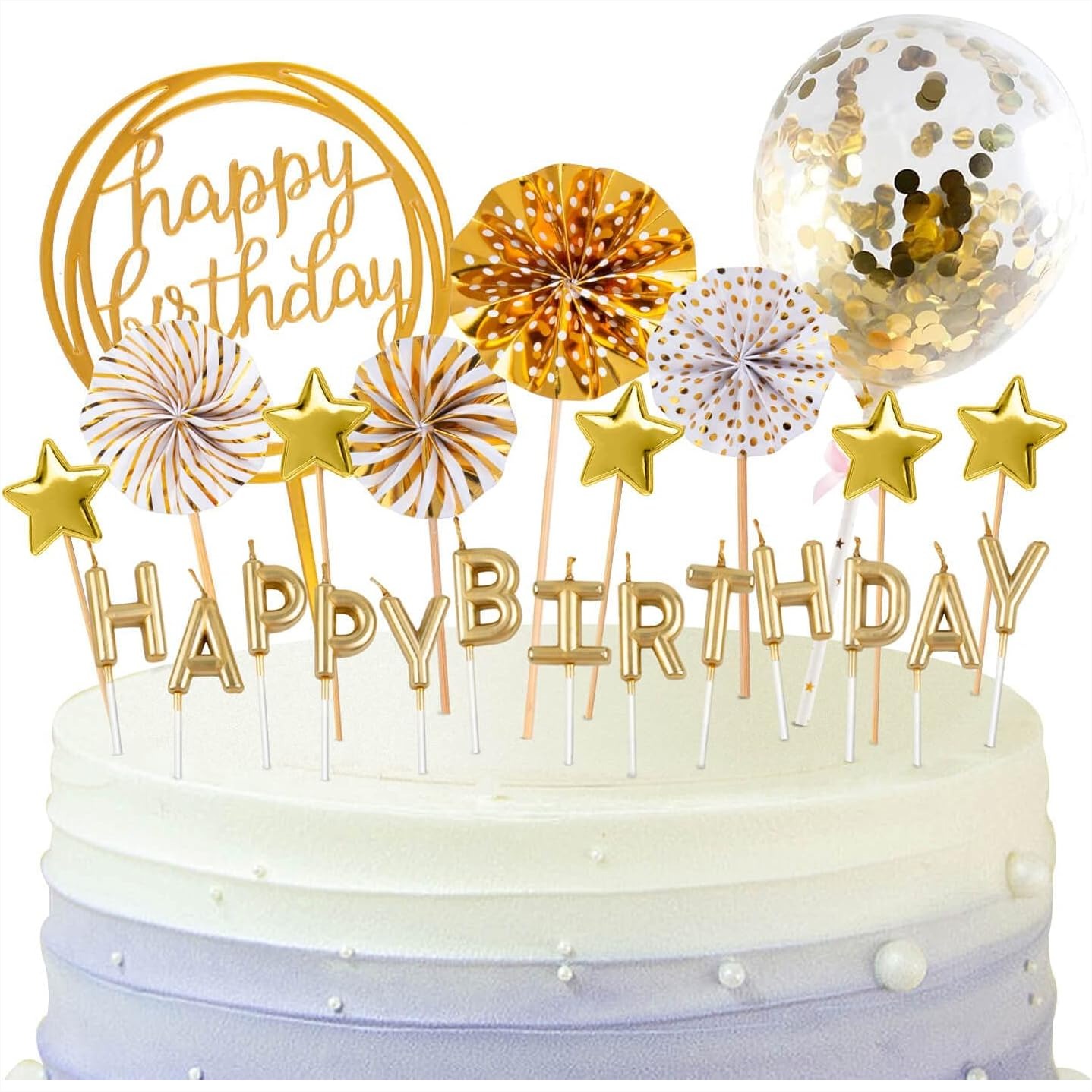 Confetti Balloon Set - Gold Birthday Candles Set with Cake